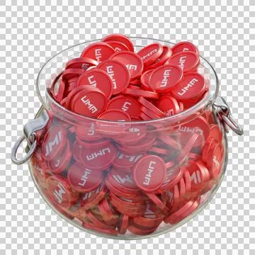 UMA in 3D crypto coin saving bank with stack coins on isolated background Stockfoto's