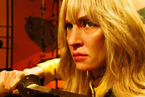 Uma Thurman as the Bride from Kill Bill in Madame Tussauds Hollywood wax museum. Stock Photos