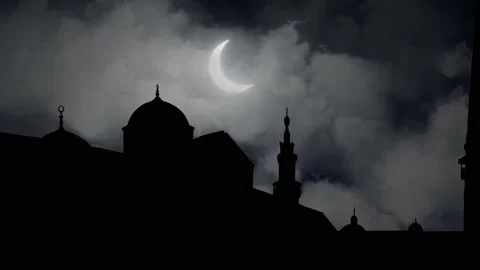 Umayyad Mosque or Great Mosque of Damascus by Night with Crescent Moon, Syria Stock Footage 149056776
