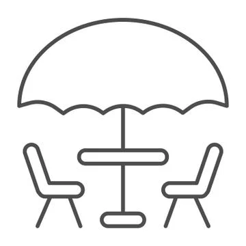 Umbrella and table with chairs thin line icon, Coffee time concept, street cafe Illustration