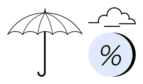 Umbrella with arched handle, partial cloud, and percentage symbol in blue cir Illustration