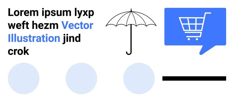 Umbrella graphic, text elements, shopping cart symbol in a speech bubble, and Stock Illustration