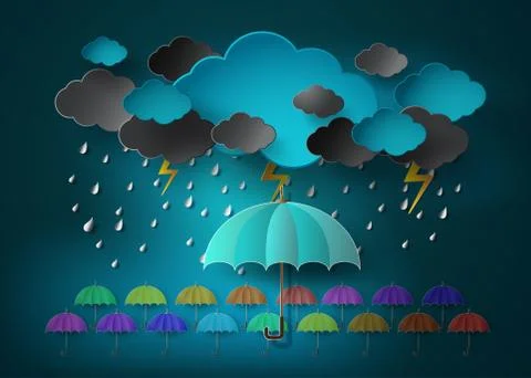 Umbrella with heavy fall rain in the dark sky. Stock Illustration