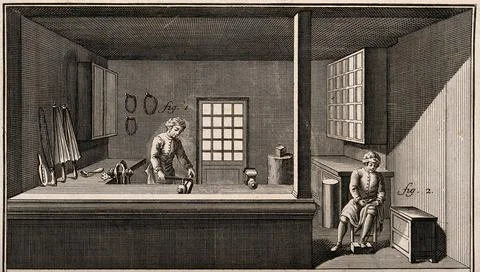 Umbrella makers: view of the workshop, and tools of the trade. Etching. Stock Illustration
