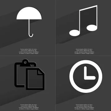 Umbrella, Note, Tasklist, Clock icon sign. Set of Symbols with Flat design an Illustrazione stock