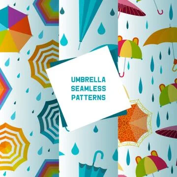 Umbrella open and closed set of seamless patterns vector illustration. Flat icon 스톡 일러스트