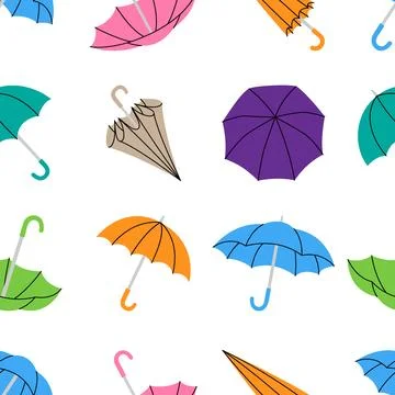 Umbrella pattern, vector seamless design of colorful umbrellas arranged for Stock Illustration