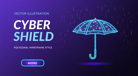 Umbrella protect, 3d cyber shield. Landing page. Abstract rain security, life Stock Illustration