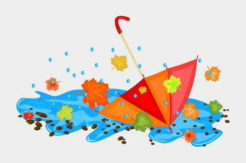 Umbrella in puddle with maple leaves isolated on white background. Autumn. Stock Illustration