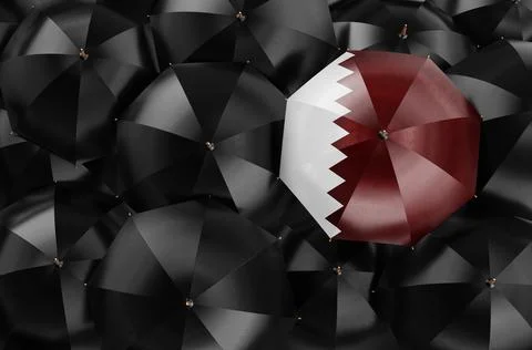 Umbrella with Qatari flag among black umbrellas, 3D rendering Stock Illustration