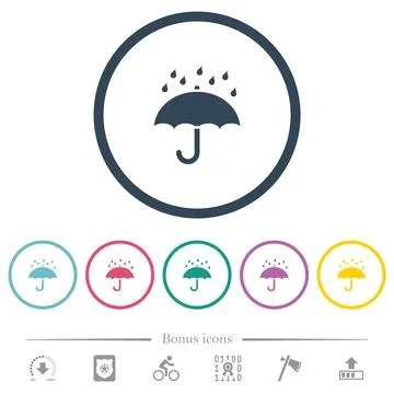 Umbrella with rain solid flat color icons in round outlines Stock Illustration