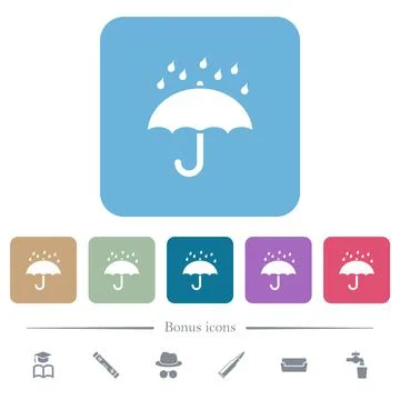 Umbrella with rain solid flat icons on color rounded square backgrounds 스톡 일러스트