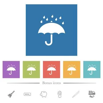 Umbrella with rain solid flat white icons in square backgrounds Stock Illustration
