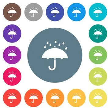 Umbrella with rain solid flat white icons on round color backgrounds Illustrazione stock