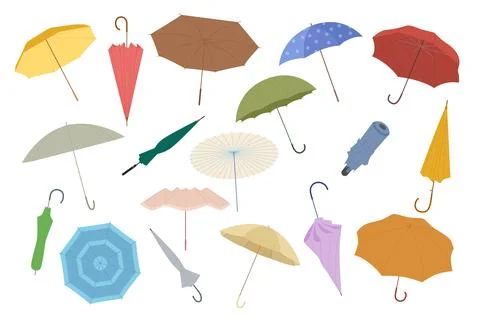 Umbrella set, open and folded parasols with handles in different color, fashion Illustration