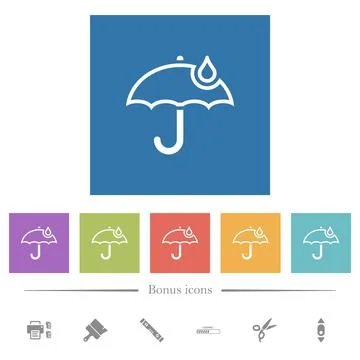 Umbrella with single raindrop outline flat white icons in square backgrounds Stock Illustration