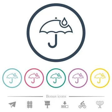 Umbrella with single raindrop outline flat color icons in round outlines Stock Illustration