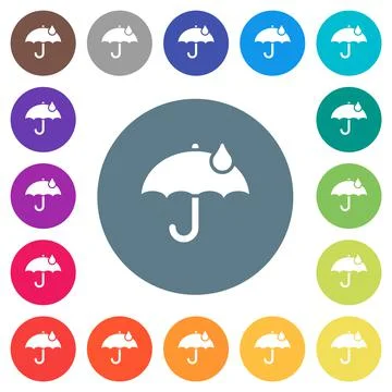Umbrella with single raindrop solid flat white icons on round color backgroun Stock Illustration
