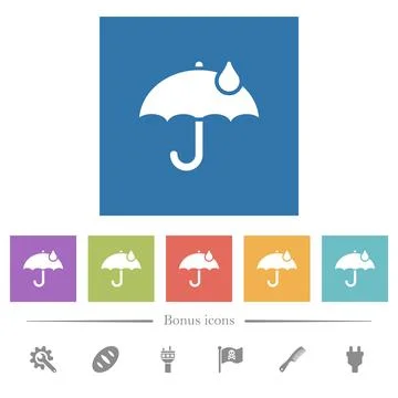 Umbrella with single raindrop solid flat white icons in square backgrounds 库存插图