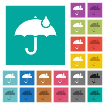 Umbrella with single raindrop solid square flat multi colored icons 스톡 일러스트