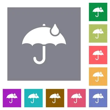 Umbrella with single raindrop solid square flat icons Stock Illustration