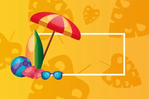 Umbrella surfboard glasses shells and ball with frame vector design Illustrazione stock