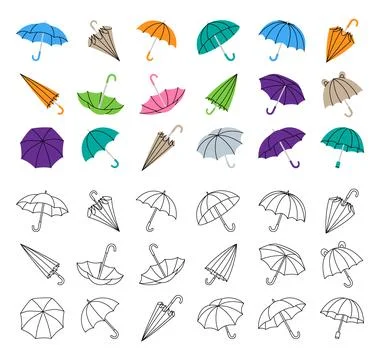 Umbrella vector pack with colorful and outline versions. Minimal modern icons Stock Illustration