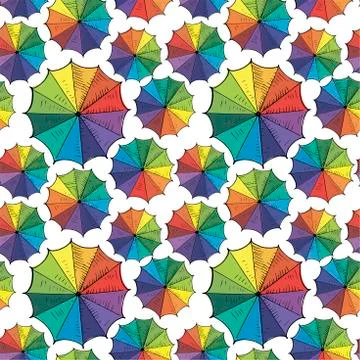 Umbrellas background. Seamless vector pattern, hand drawn rainbow colored umb Stock Illustration