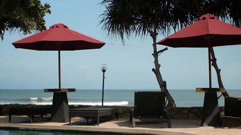 Umbrellas on the beach near to pool Stock Footage 157905098