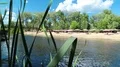 Umbrellas on beautiful bank of river HD Footage