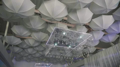  Umbrellas on the ceiling. Many white umbrellas on the ceiling Stock Footage 133867030