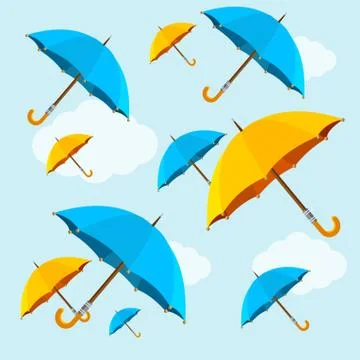 Umbrellas Fall on Blue Sky Background Flat Design Style. Vector Illustrazione stock