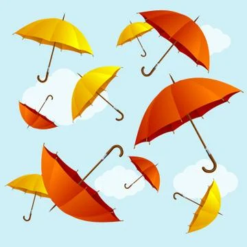 Umbrellas Fall on Blue Sky Background Flat Design Style. Vector Illustrazione stock