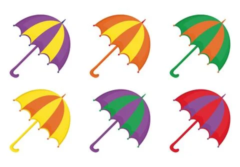 Umbrellas icon set, flat or cartoon style. Beach multicolored umbrella collec Stock Illustration