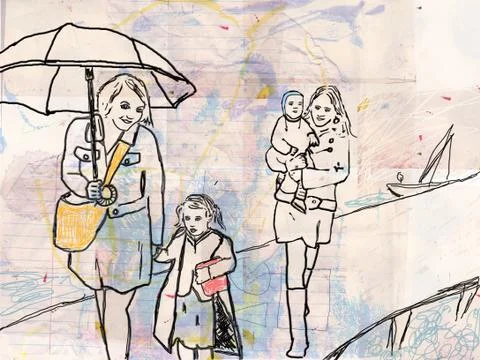 Umbrellas in the rain Stock Illustration