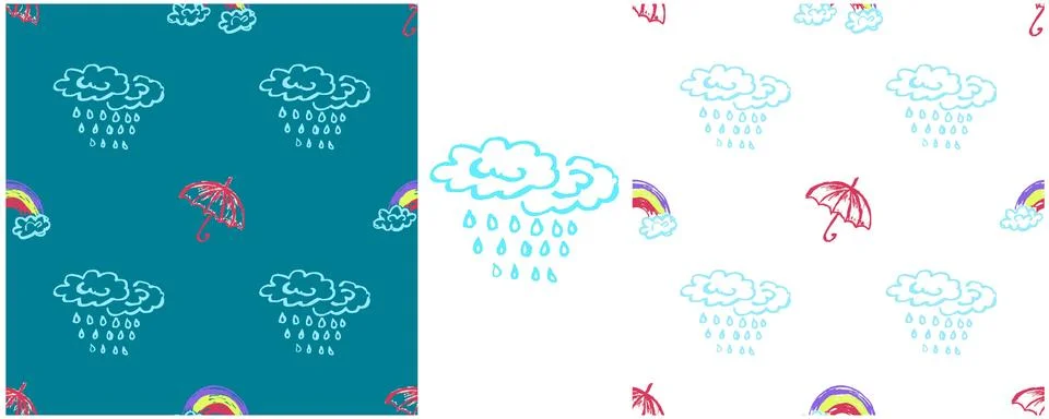 Umbrellas seamless pattern. Set drawings with wax crayons. Clouds, rain. Prin Illustrazione stock