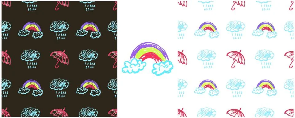 Umbrellas seamless pattern. Set drawings with wax crayons. Clouds, rain. Prin Stock Illustration