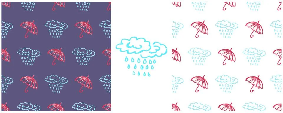 Umbrellas seamless pattern. Set drawings with wax crayons. Clouds, rain. Prin 스톡 일러스트