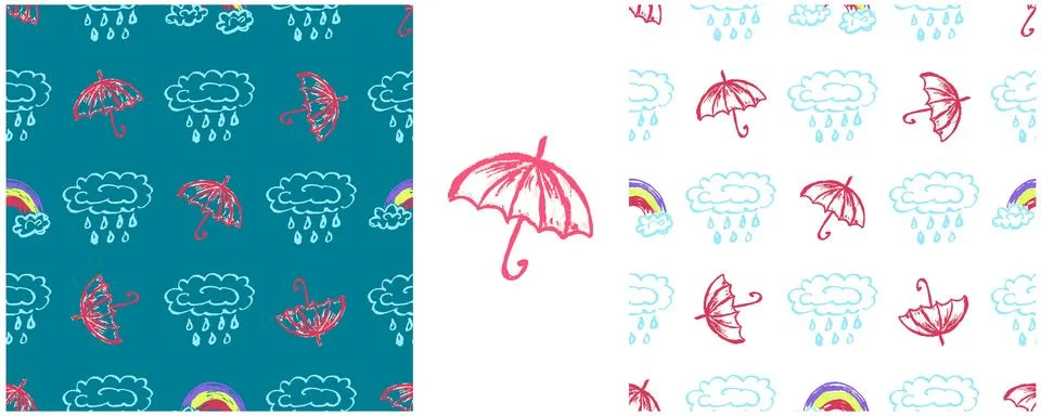 Umbrellas seamless pattern. Set drawings with wax crayons. Clouds, rain. Prin イラスト素材