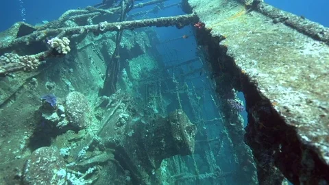 Umbria wreck deck with some buildings in Red sea Port Sudan Sudan. Video stock 87856502