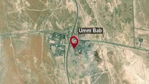 Umm Bab City Map Zoom (Qatar) from Space to Earth Video stock 277627355
