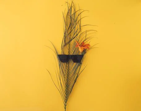 Ummer background with straw hat and bag and palm leaves Stock Photos