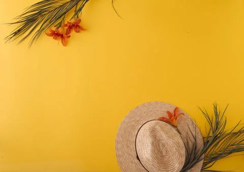 Ummer background with straw hat and bag and palm leaves Stock Photos