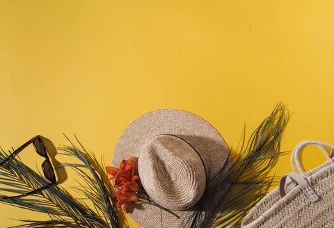 Ummer background with straw hat and bag and palm leaves Stock Photos