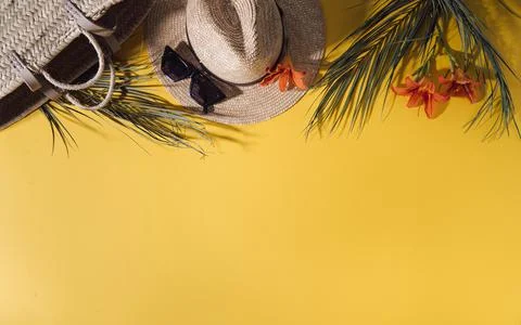 Ummer background with straw hat and bag and palm leaves Stock Photos