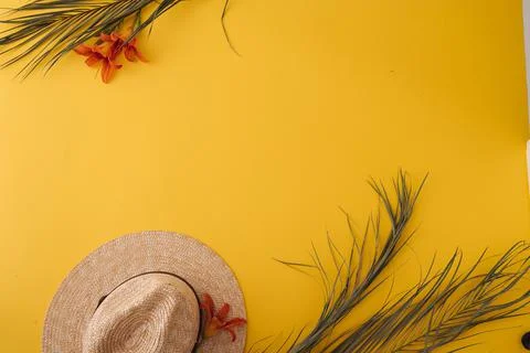 Ummer background with straw hat and bag and palm leaves Stock Photos