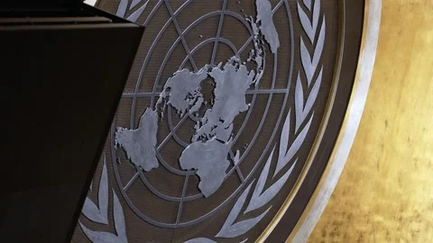 UN emblem on General Assembly Hall wall Видео 346265175