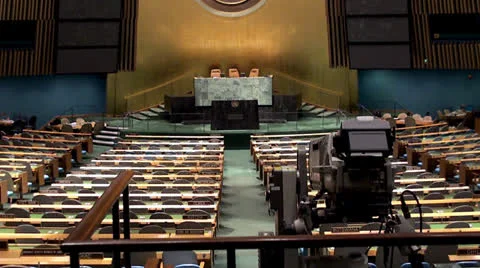 UN General Assembly hall (UNGA) at its headquarters. NYC Video stock 23304451