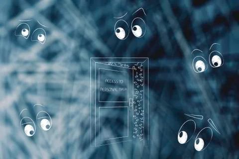 Unauthorized access to personal data door surrounded by eyes spying on it 스톡 일러스트