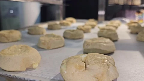 Unbaked biscuit or bread dough portions lined up on a long baking tray Stock Footage 322637533